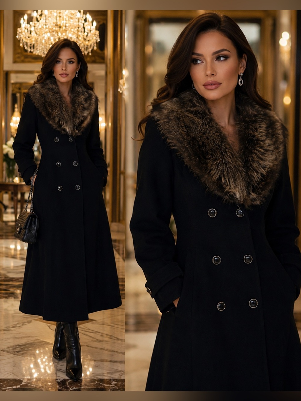 Luba by Niccolini Vintage Black double breasted wool Fur Collar dress coat